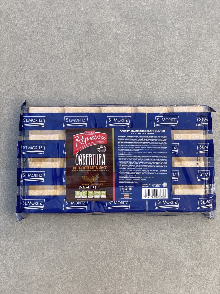 Barra cobertura chocolate blanco st moritz 100 gr